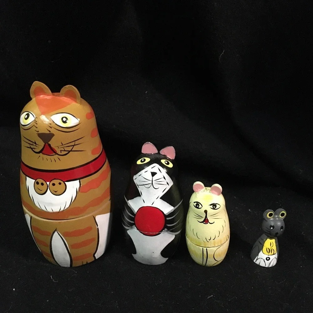 Cats Nesting‎ Dolls Set of 4 Wood Kittens Mouse Russian